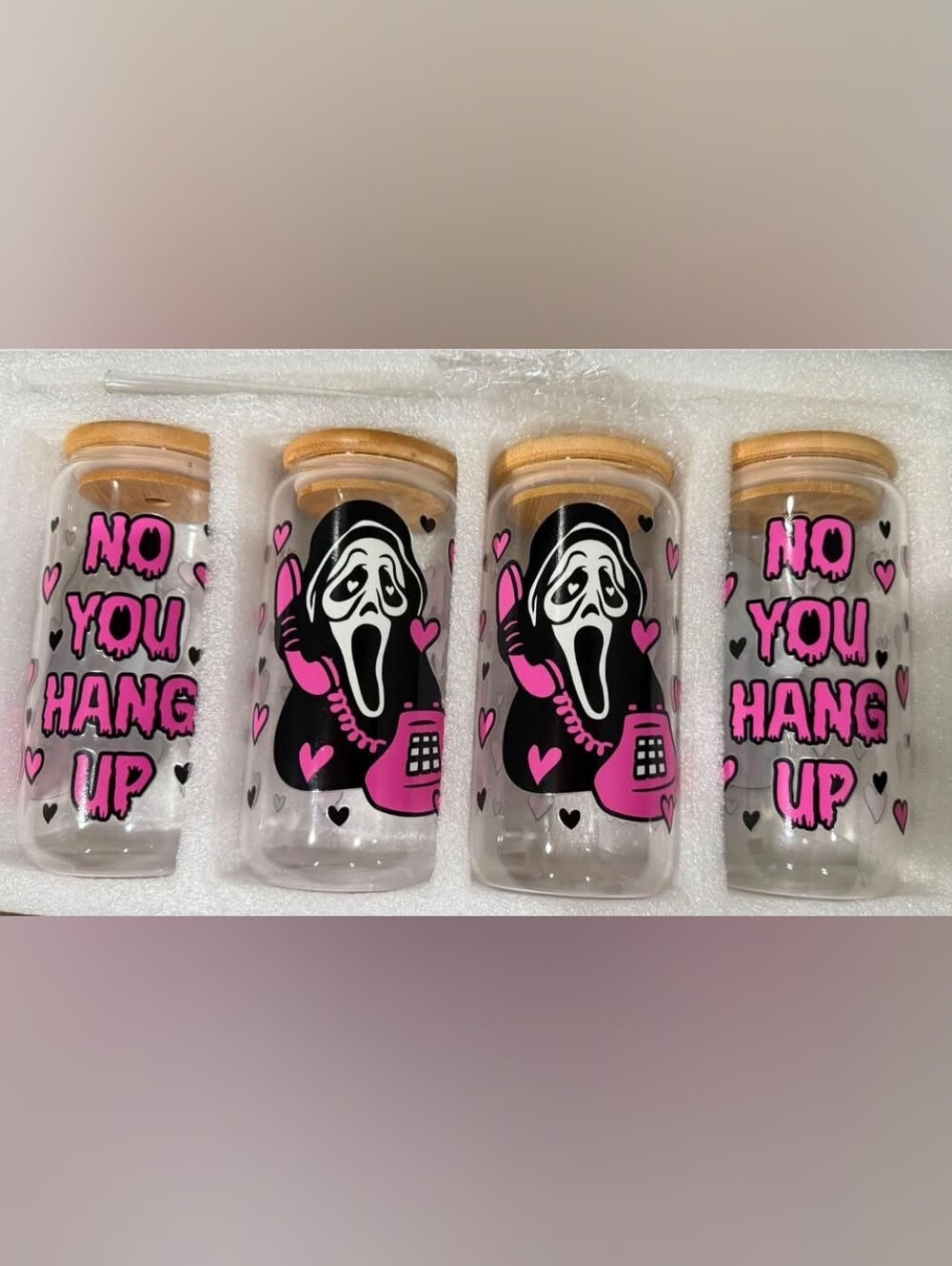 Halloween Scream Glass Jars Set with Pink  and Black Design